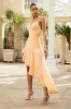 Glint | Peach Satin Plunge-Neck Maxi Dress With Asymmetric Hem sold by Club L London