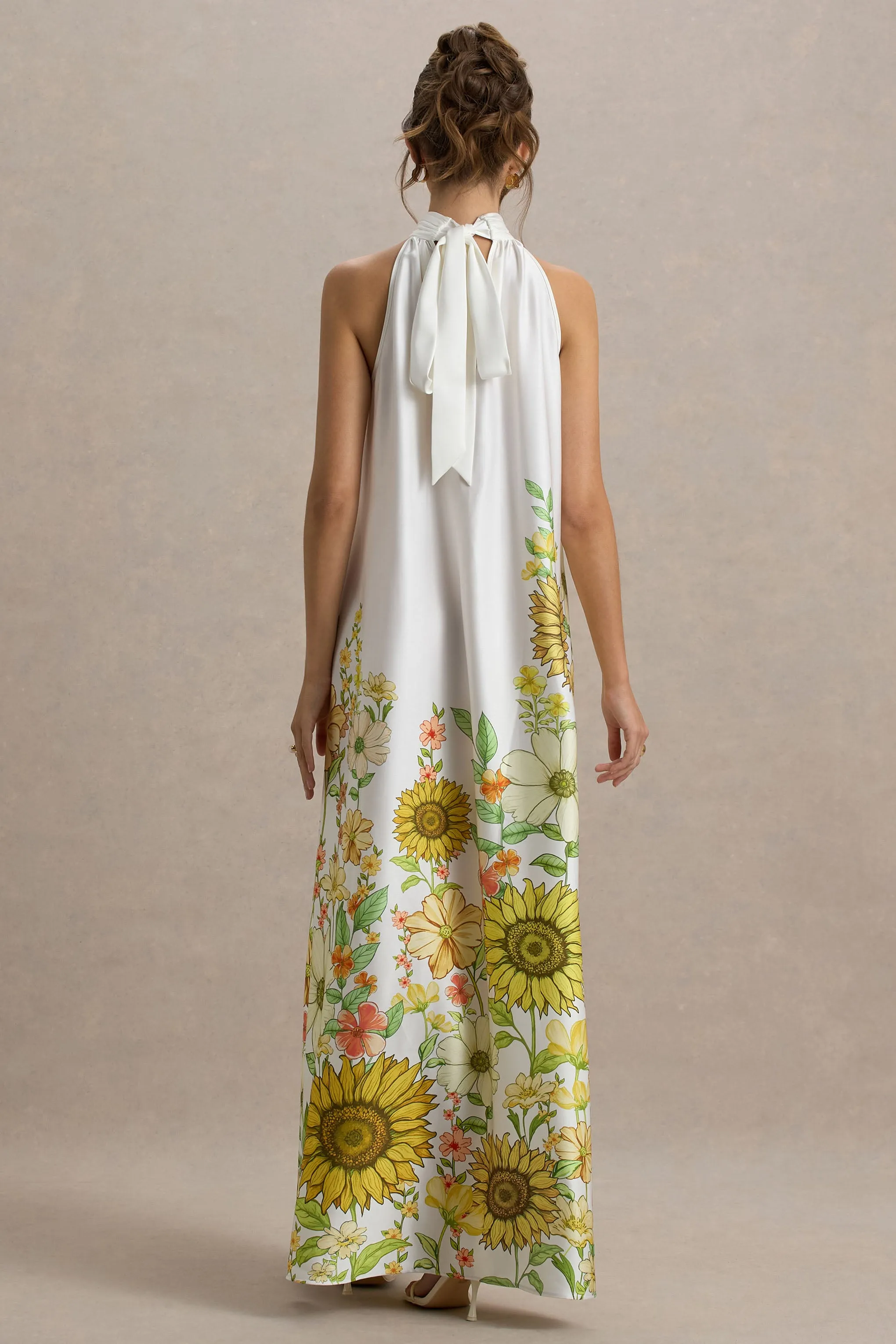 Glide | Sunflower Print Satin High-Neck Slip Maxi Dress sold by Club L London product image thumbnail 3