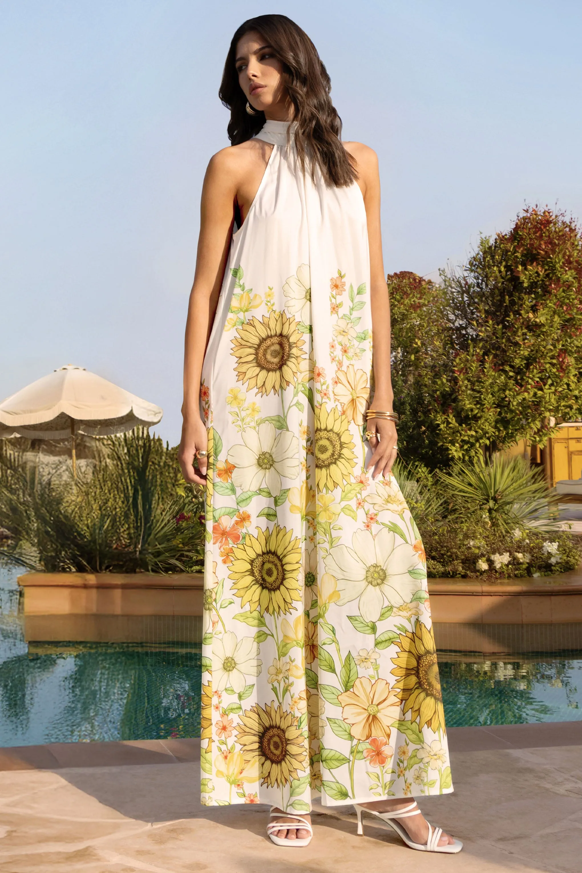 Glide | Sunflower Print Satin High-Neck Slip Maxi Dress sold by Club L London