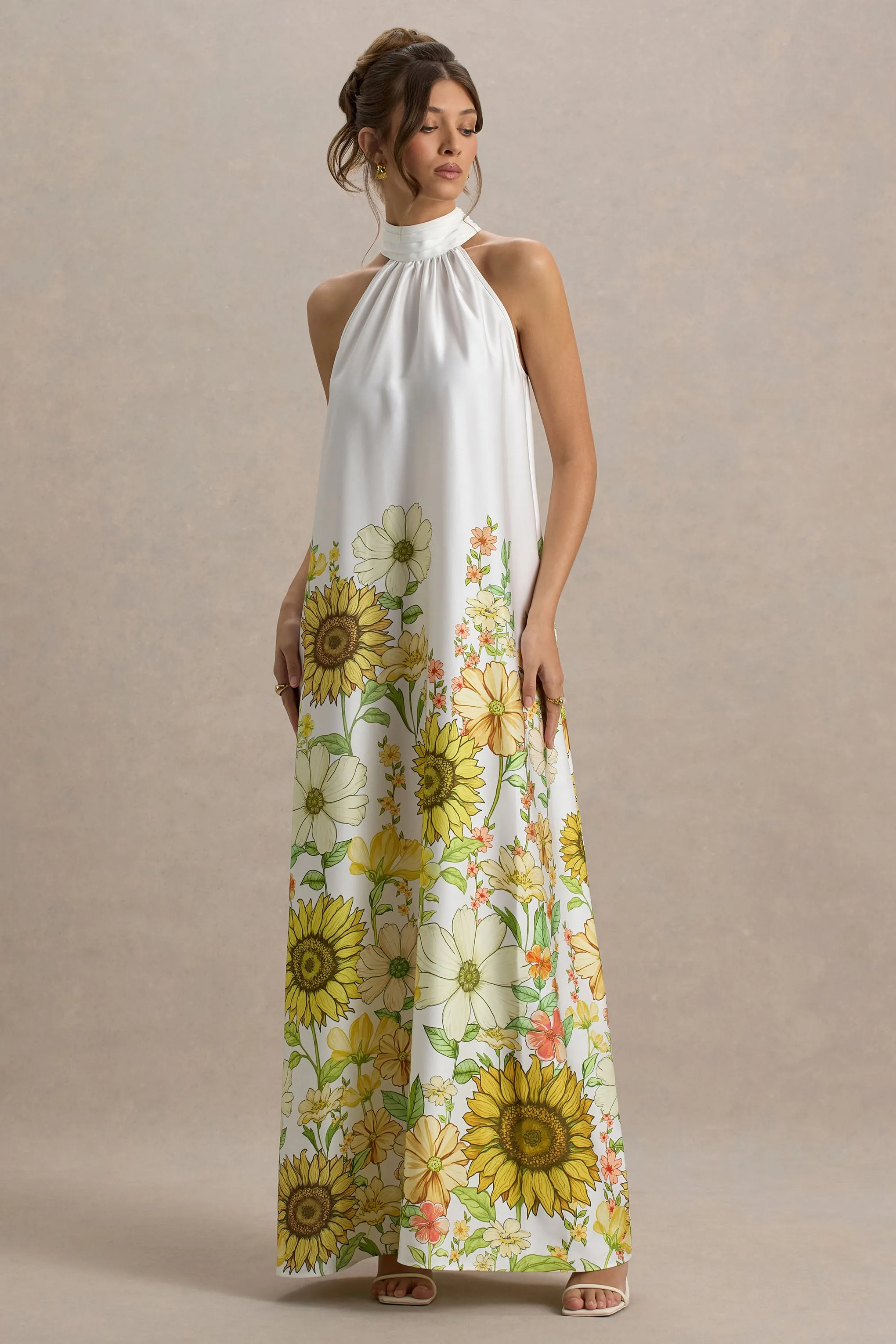 Glide | Sunflower Print Satin High-Neck Slip Maxi Dress sold by Club L London product image thumbnail 2