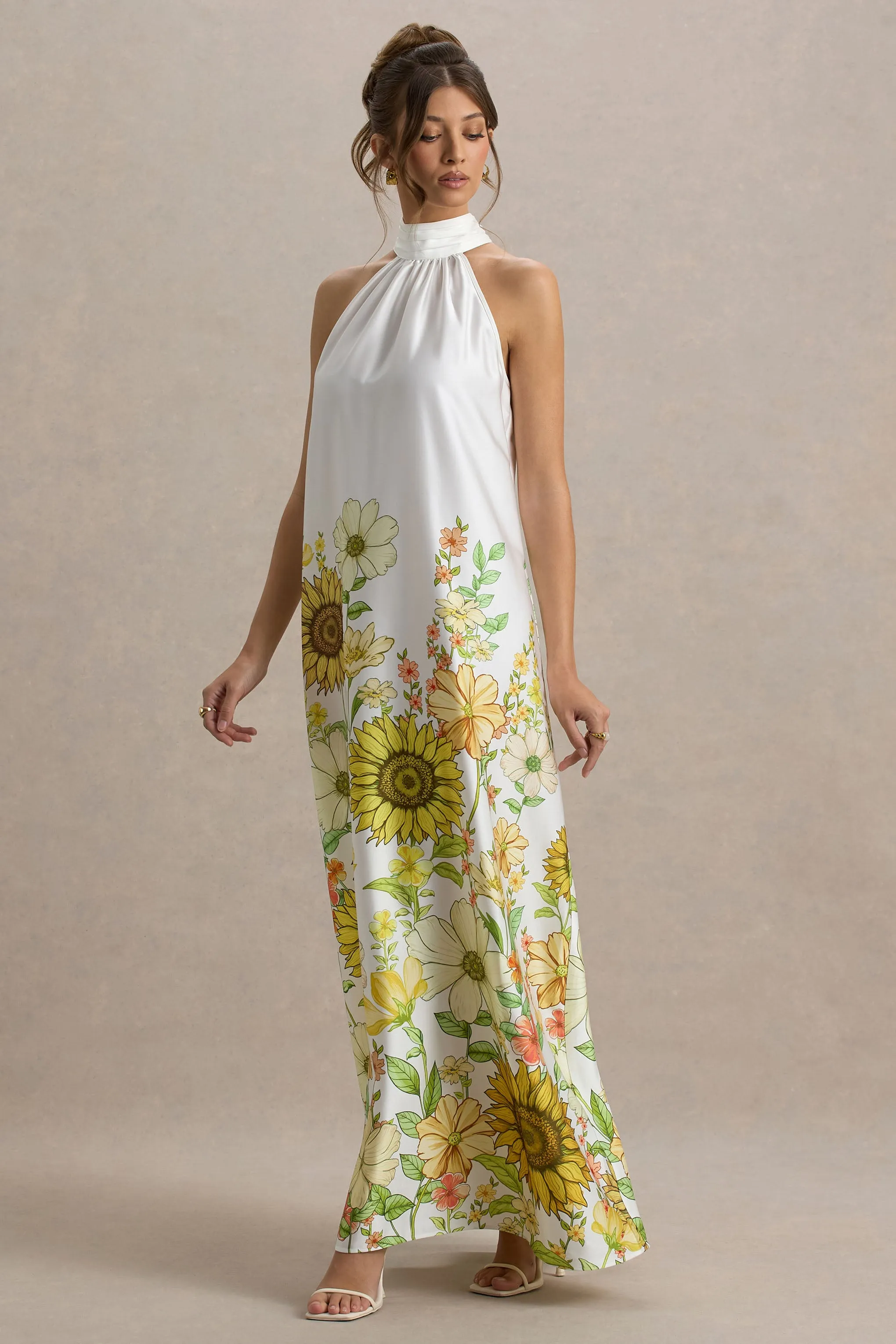 Glide | Sunflower Print Satin High-Neck Slip Maxi Dress sold by Club L London product image thumbnail 5