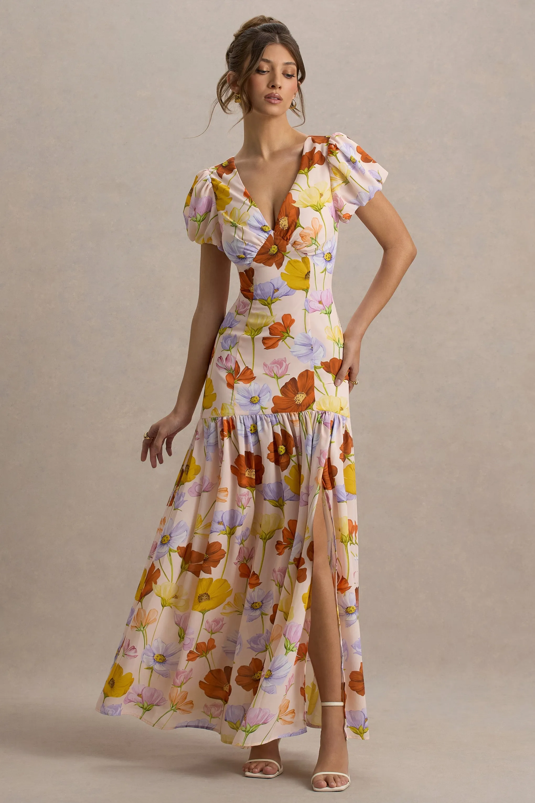 Ginny | Bright Floral Print Puff-Sleeve Split Maxi Dress sold by Club L London product image thumbnail 2
