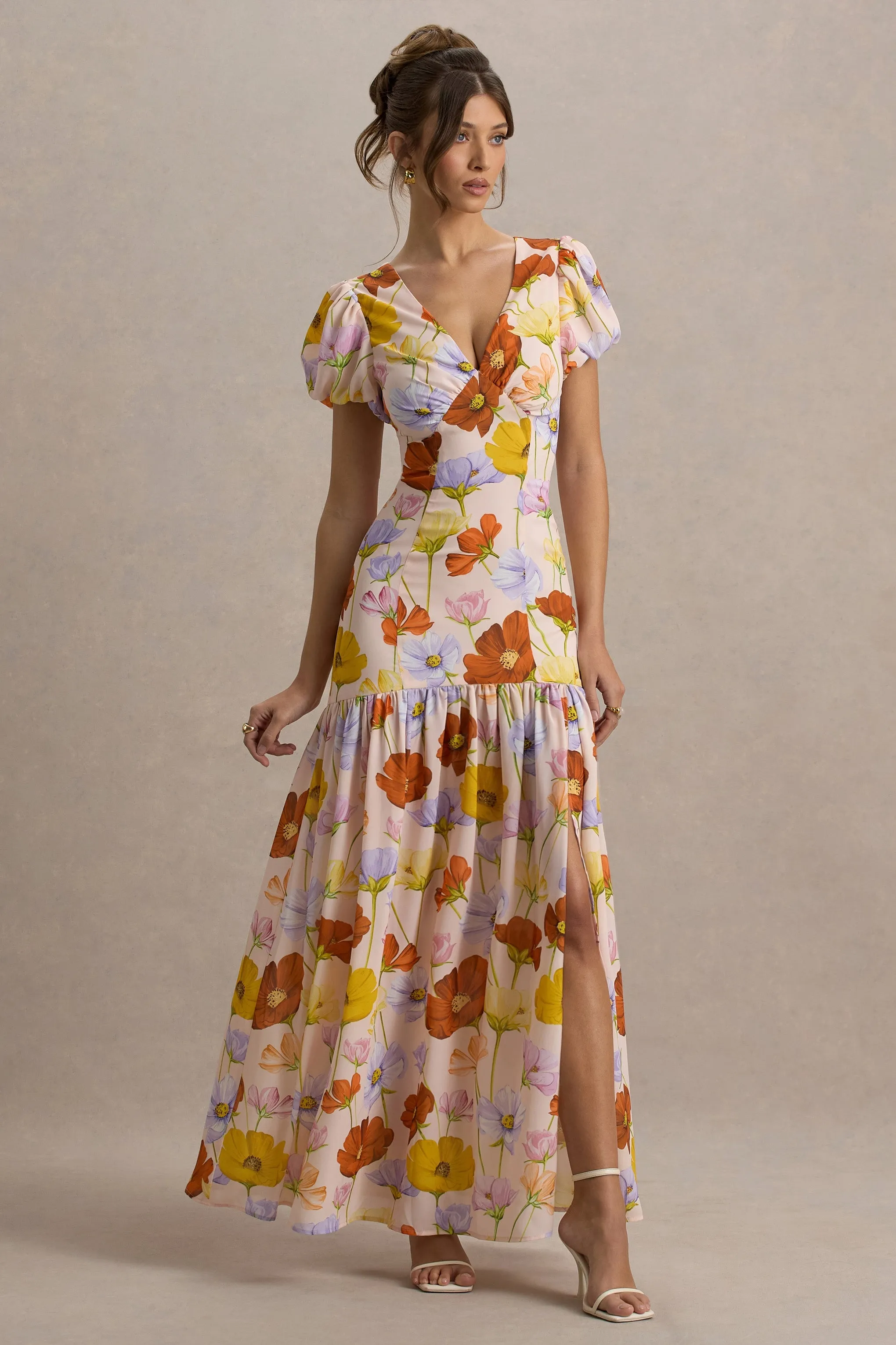 Ginny | Bright Floral Print Puff-Sleeve Split Maxi Dress sold by Club L London product image thumbnail 4