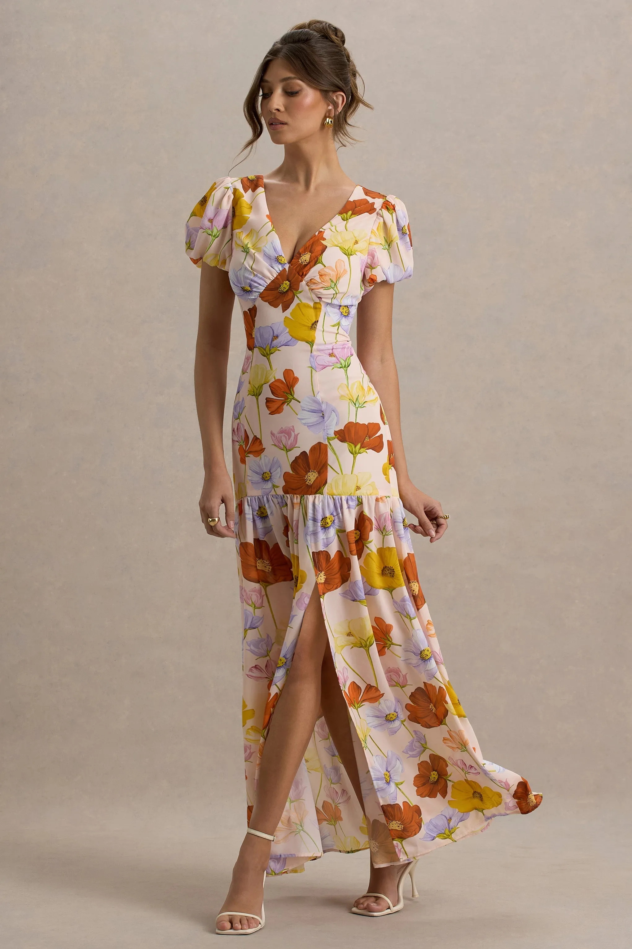 Ginny | Bright Floral Print Puff-Sleeve Split Maxi Dress sold by Club L London product image thumbnail 5