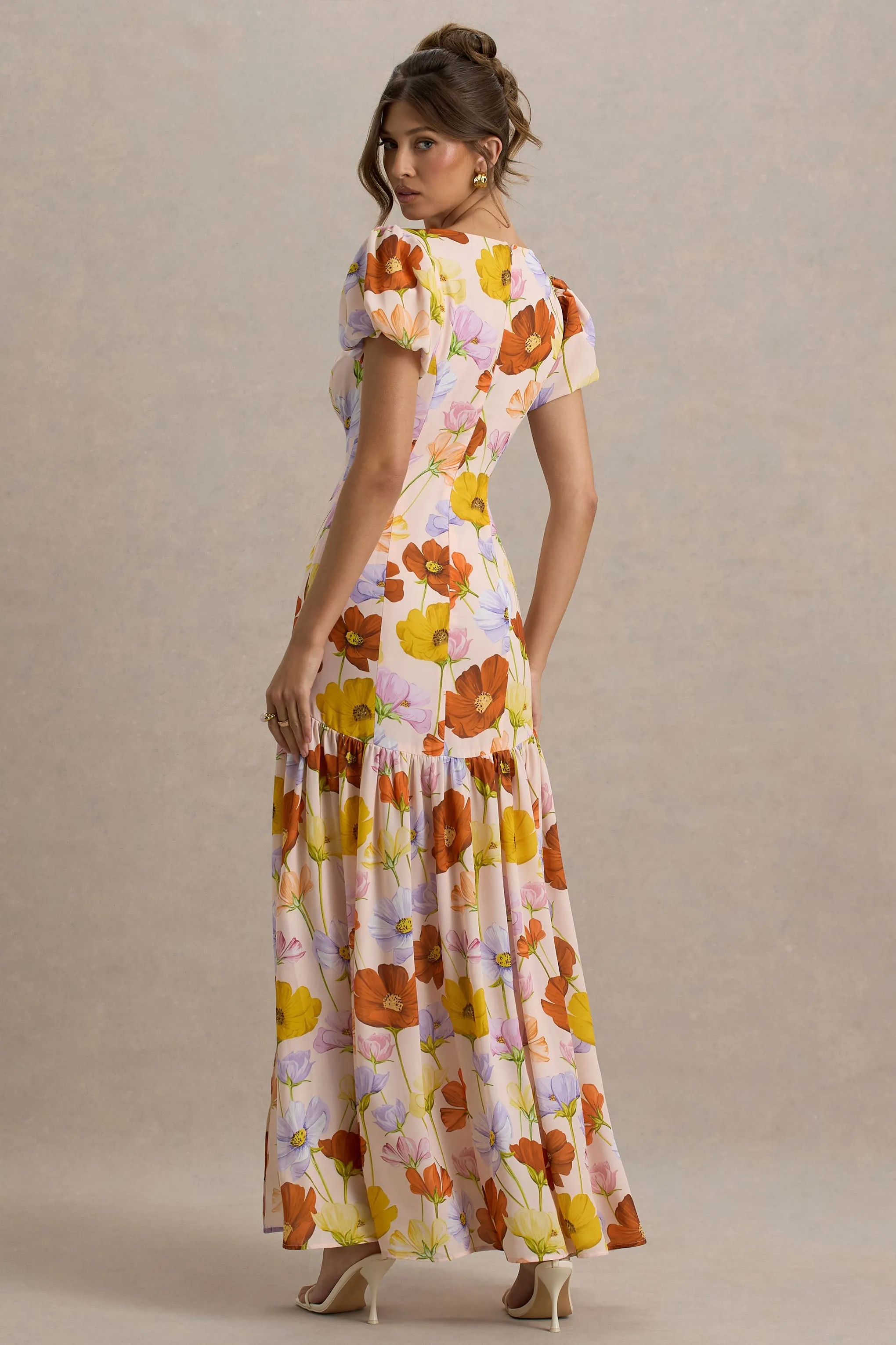 Ginny | Bright Floral Print Puff-Sleeve Split Maxi Dress sold by Club L London product image thumbnail 3