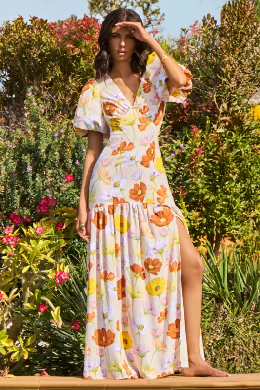 Ginny | Bright Floral Print Puff-Sleeve Split Maxi Dress sold by Club L London