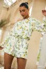Waterfall | White Botanical Print Linen Asymmetric Long-Sleeve Playsuit sold by Club L London