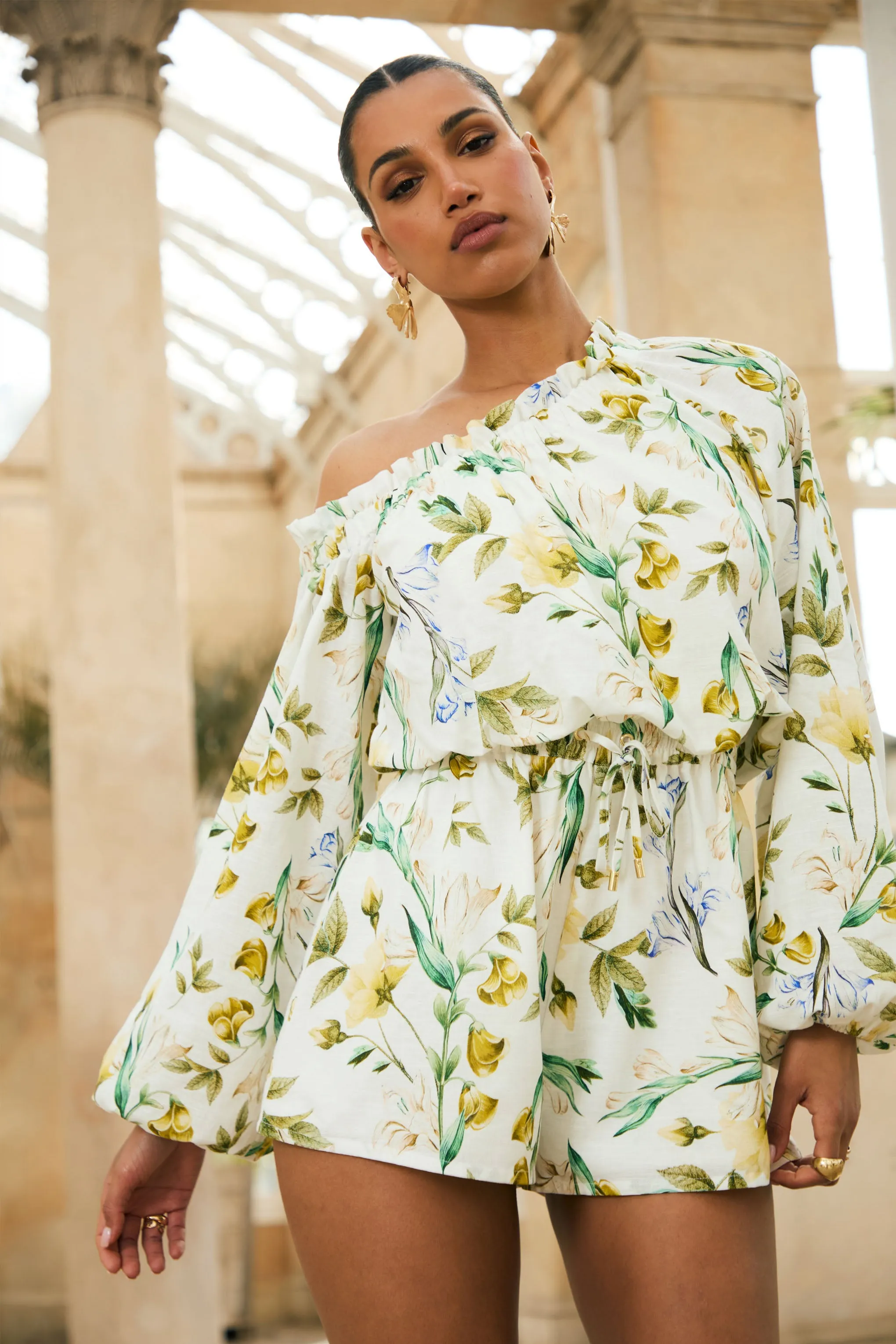 Waterfall | White Botanical Print Linen Asymmetric Long-Sleeve Playsuit sold by Club L London product image thumbnail 5