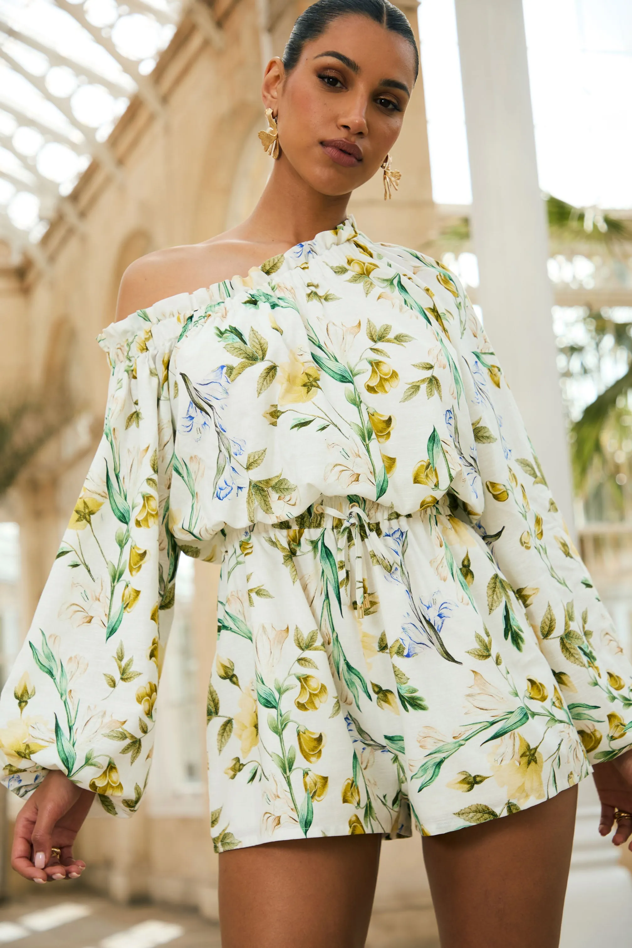 Waterfall | White Botanical Print Linen Asymmetric Long-Sleeve Playsuit sold by Club L London product image thumbnail 3