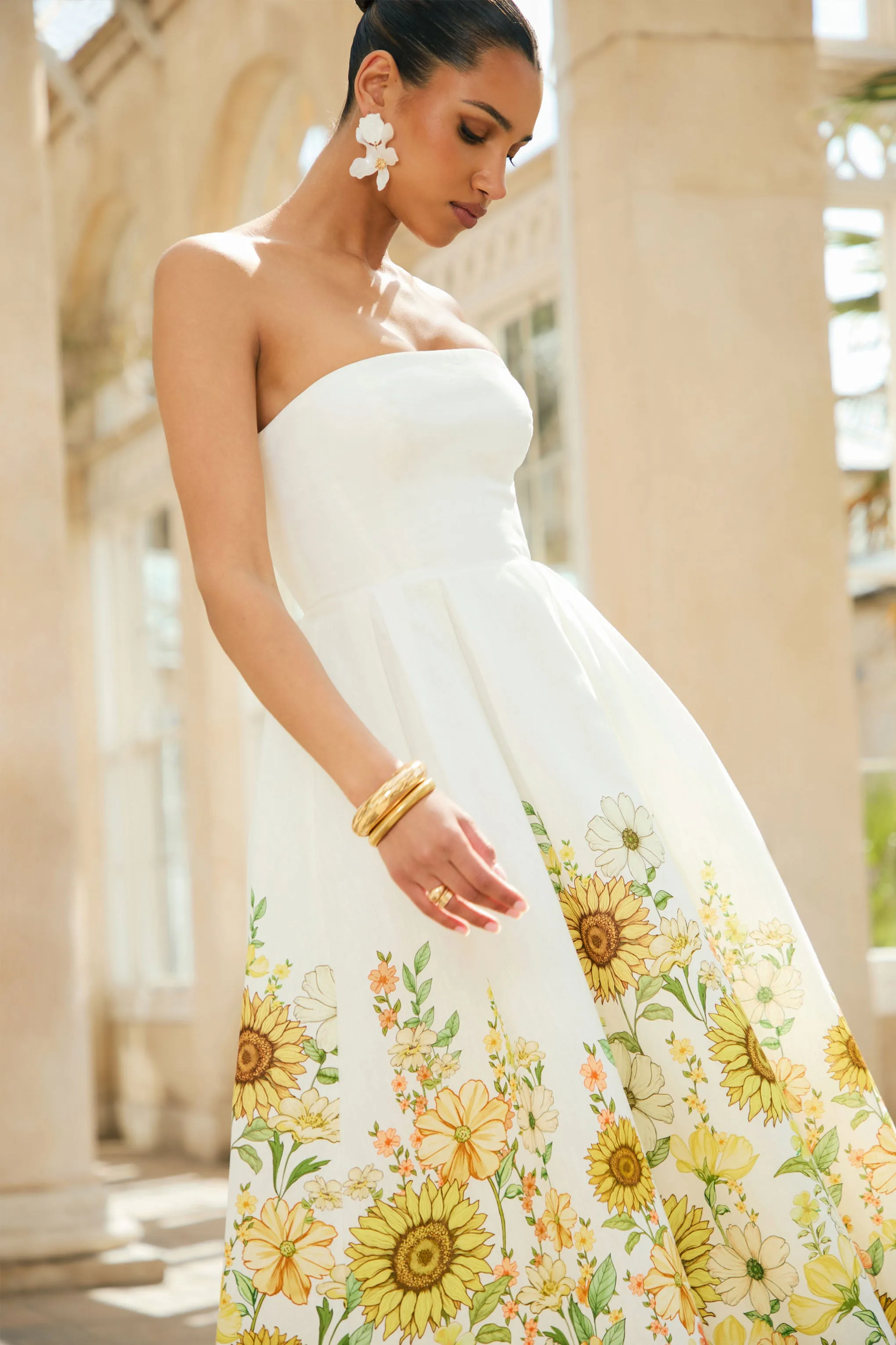 Ivory | Sunflower Print Bandeau High-Low Midi Dress sold by Club L London product image thumbnail 2