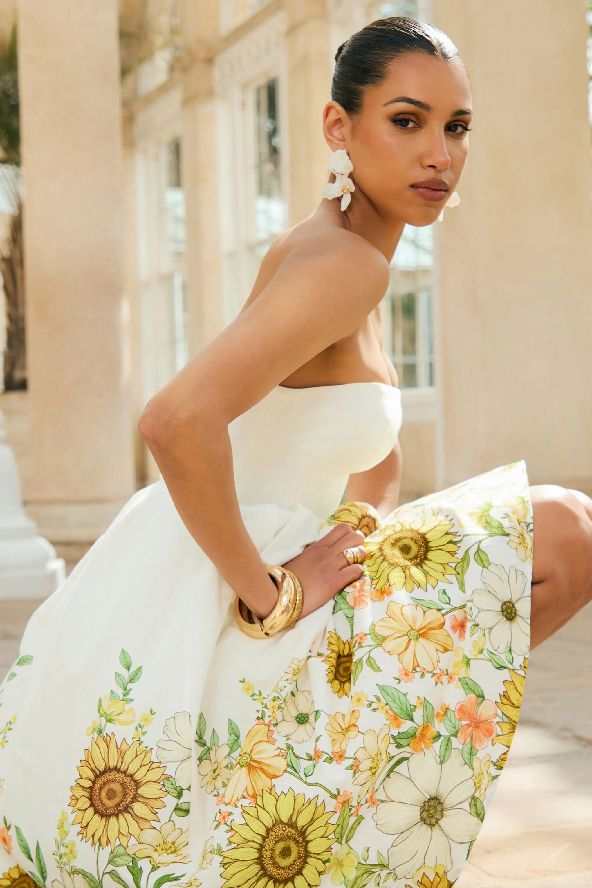 Ivory | Sunflower Print Bandeau High-Low Midi Dress sold by Club L London product image thumbnail 4