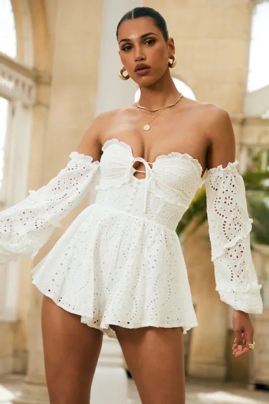Mariella | White Broderie Bardot Ruffled Playsuit sold by Club L London
