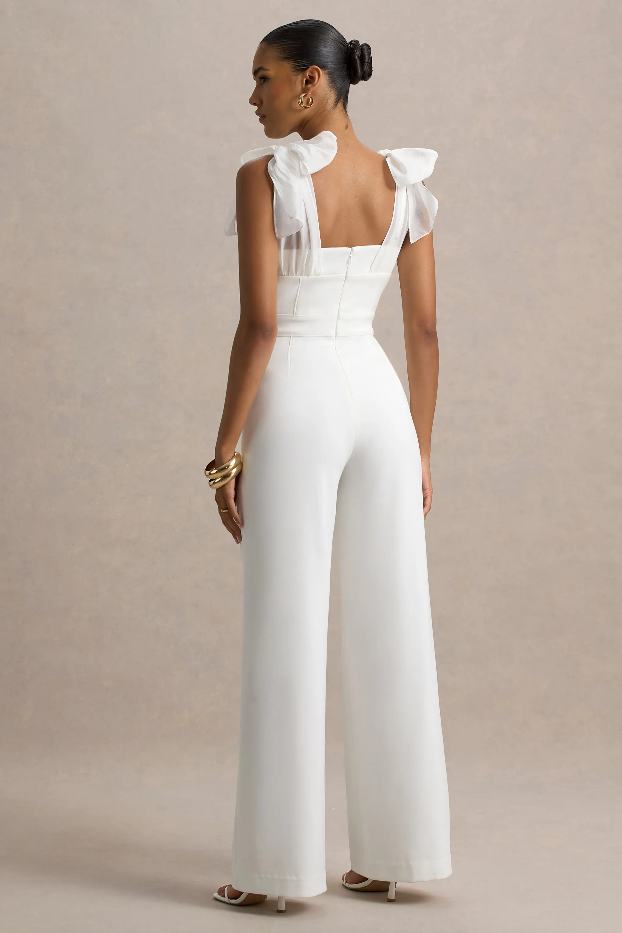 Claudelle | White Flared-Leg Jumpsuit With Organza Bow Straps sold by Club L London product image thumbnail 2
