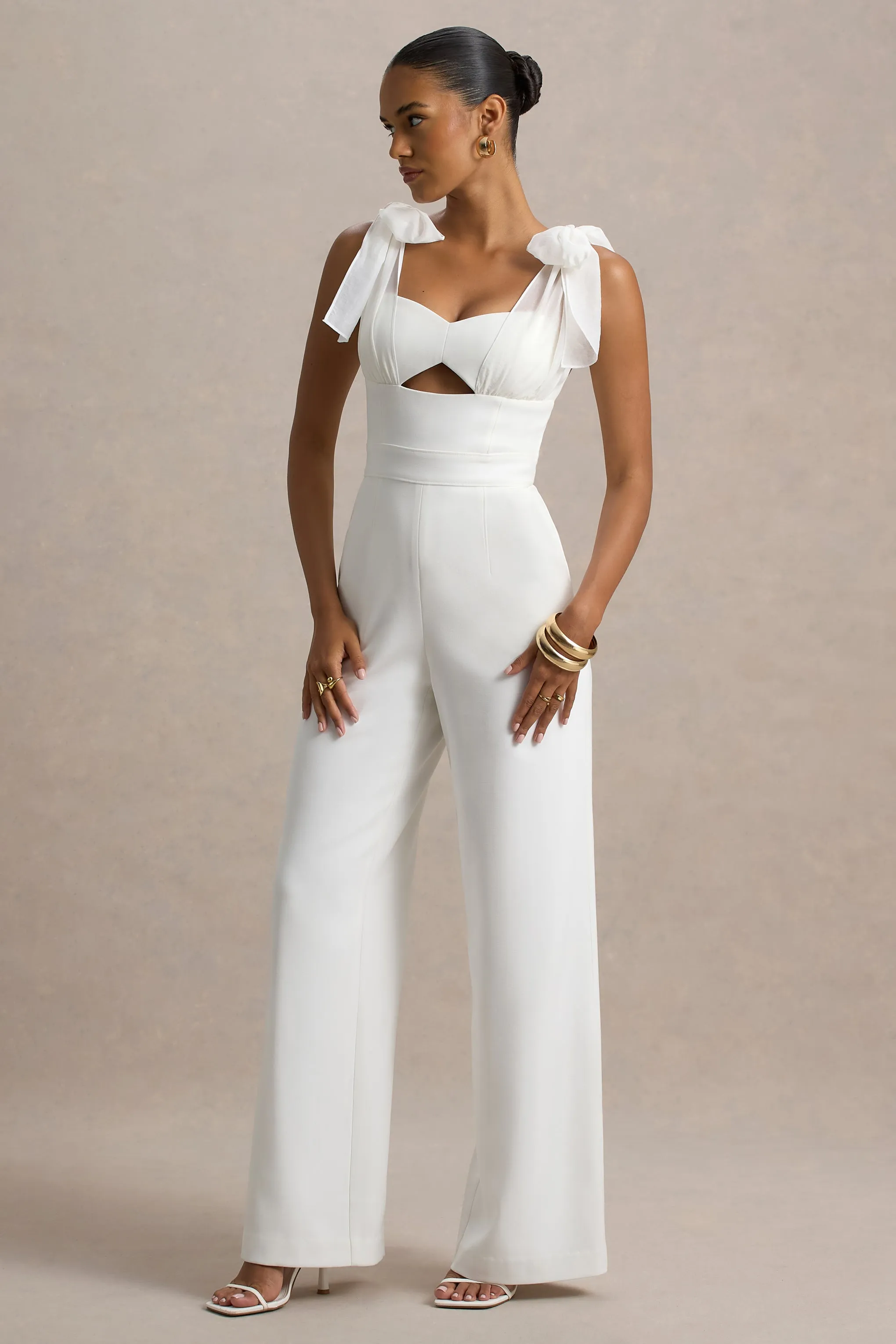Claudelle | White Flared-Leg Jumpsuit With Organza Bow Straps sold by Club L London product image thumbnail 4
