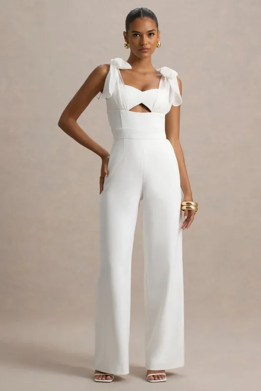 Claudelle | White Flared-Leg Jumpsuit With Organza Bow Straps sold by Club L London