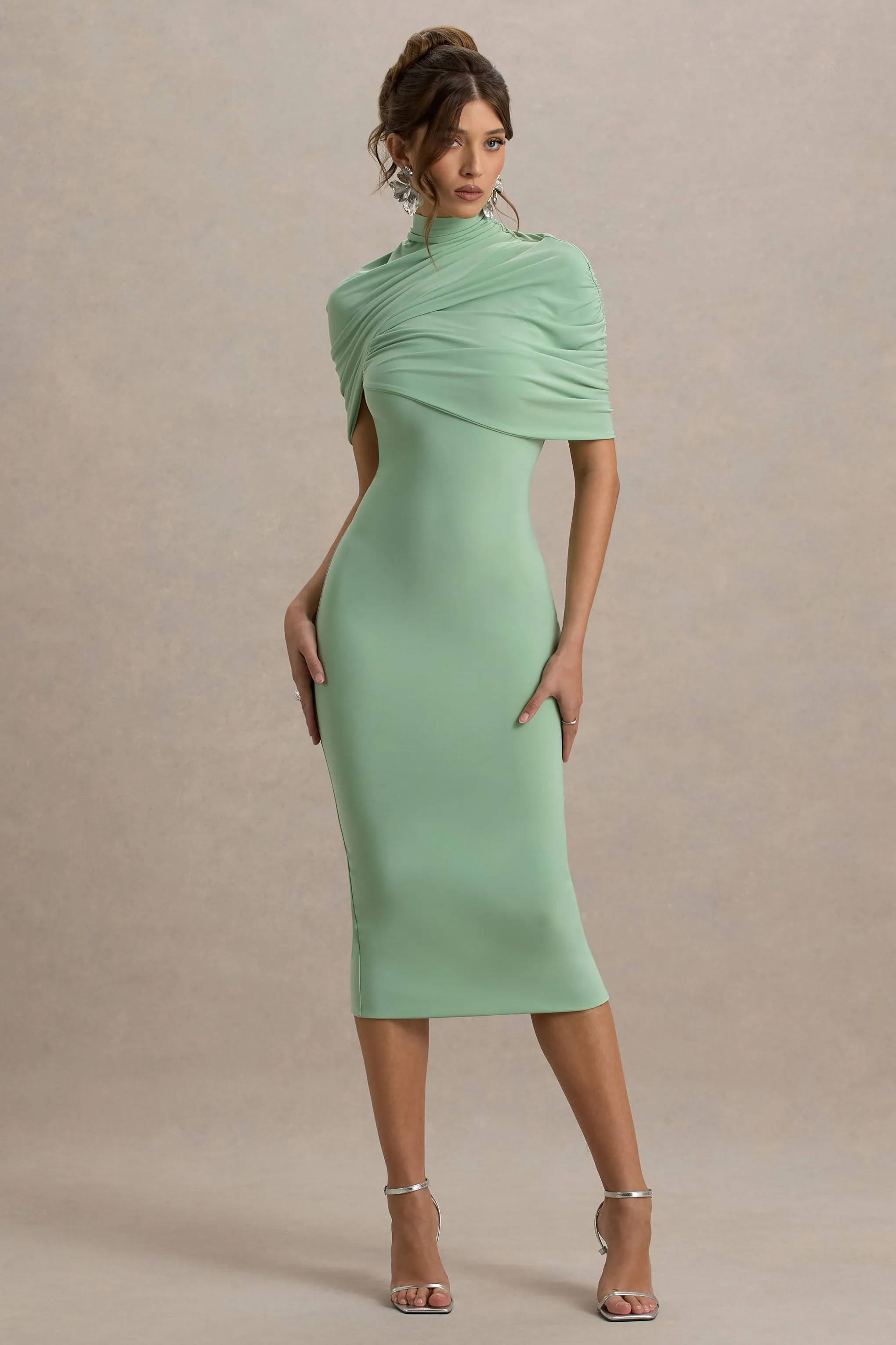 Cecille | Light Green Midi Dress With Cape Sleeve Detail sold by Club L London product image thumbnail 4