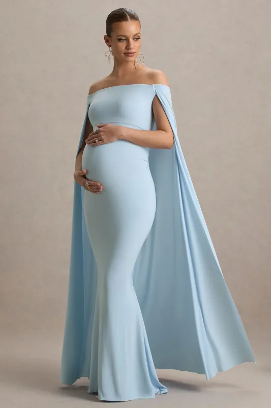 Radiance | Powder Blue Bardot Maternity Maxi Dress With Cape sold by Club L London