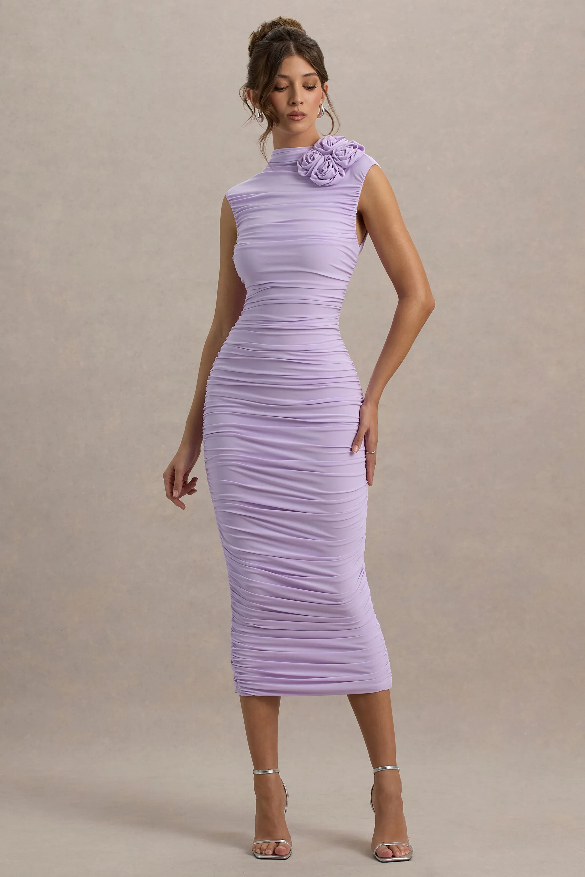 Bridget | Lilac High-Neck Gathered Midi Dress With Floral Detail sold by Club L London product image thumbnail 5
