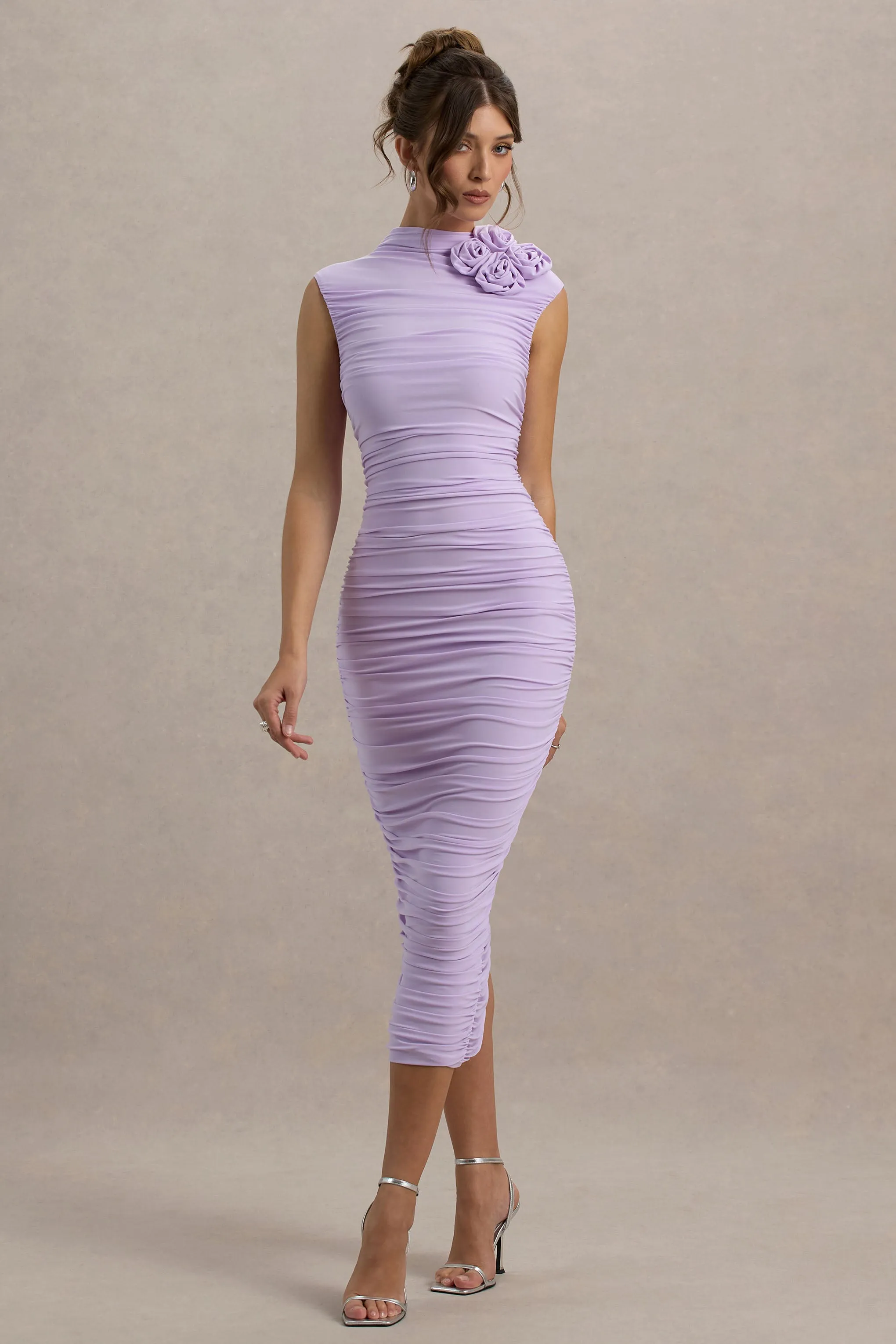 Bridget | Lilac High-Neck Gathered Midi Dress With Floral Detail sold by Club L London product image thumbnail 4