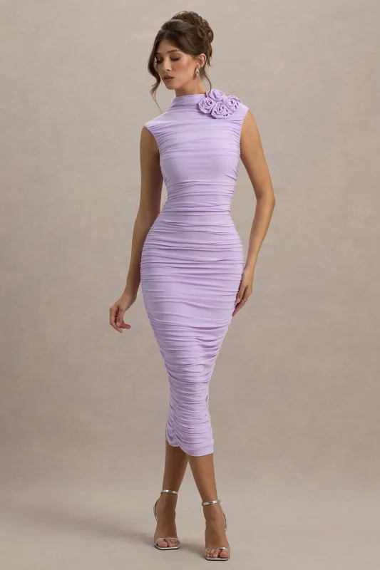 Bridget | Lilac High-Neck Gathered Midi Dress With Floral Detail sold by Club L London