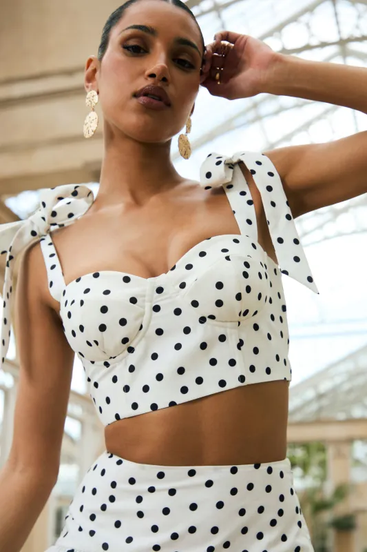 Lumen | White Polka Dot Corset Sweetheart Top With Bow Straps sold by Club L London
