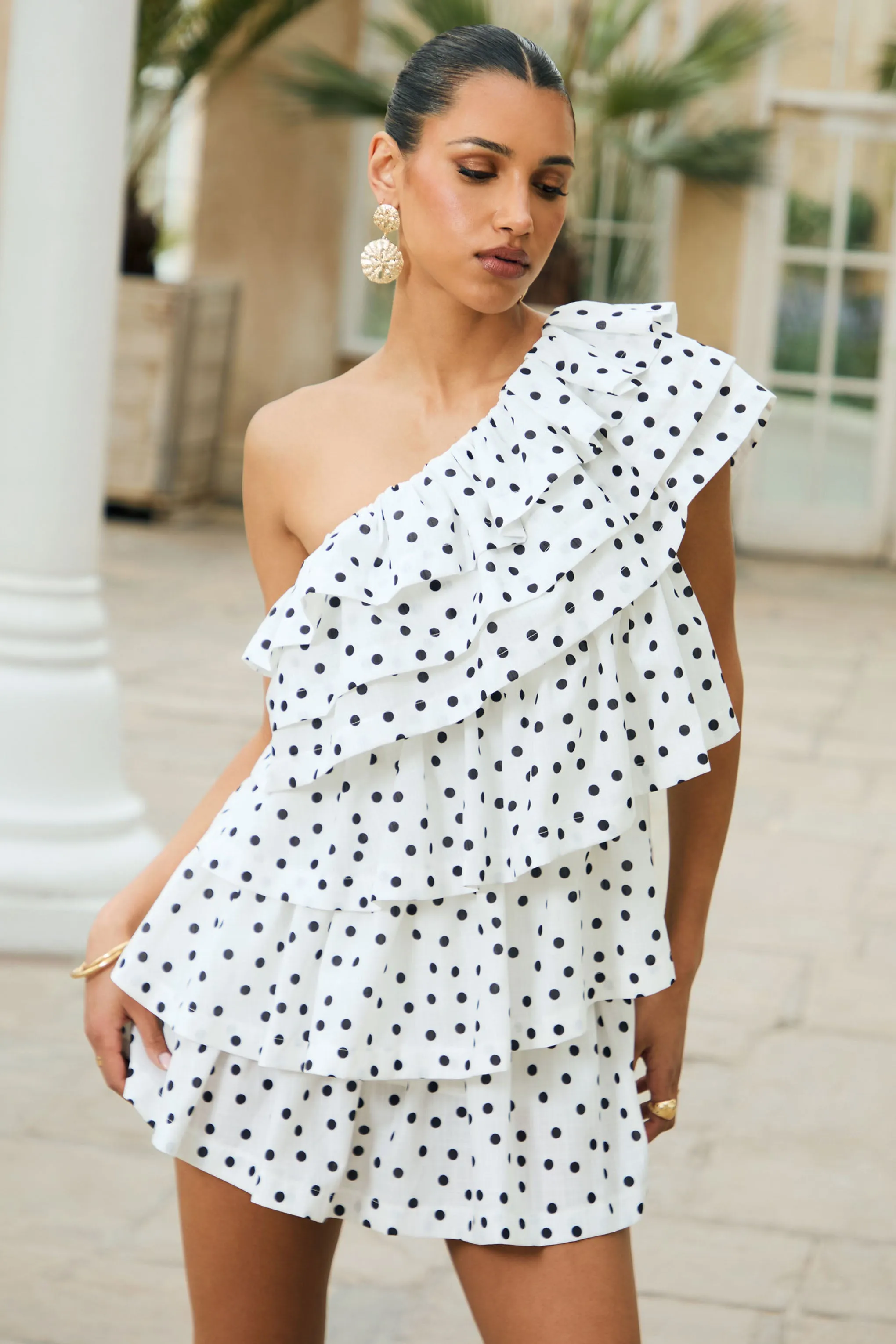 Orla | White Polka Dot Asymmetric Ruffled Mini Dress sold by Club L London product image thumbnail 4