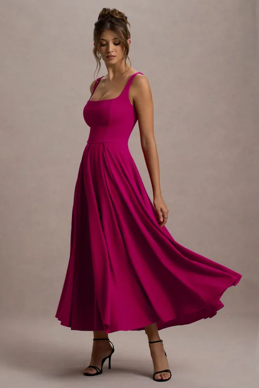 Parina | Hot Pink Strappy Volume-Hem Maxi Dress sold by Club L London