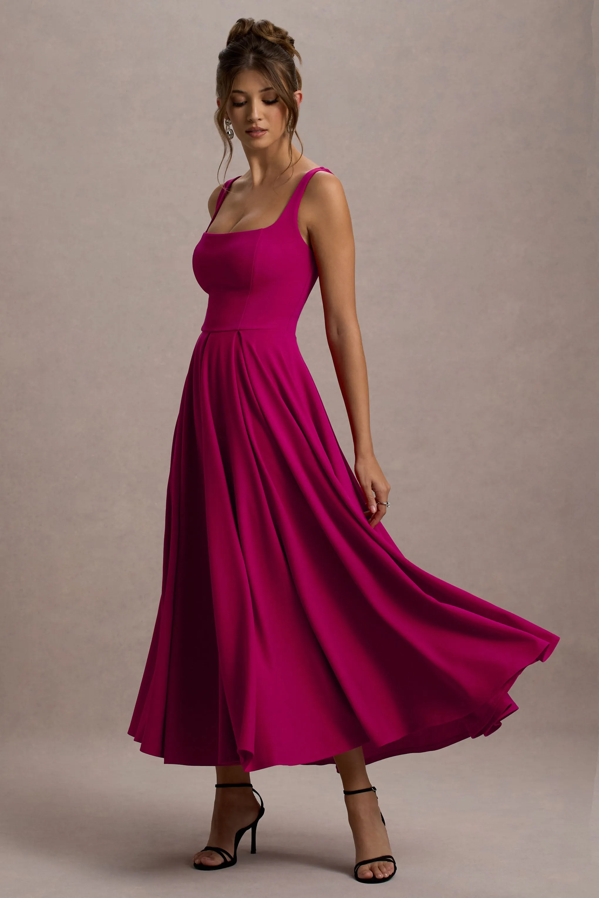 Parina | Hot Pink Strappy Volume-Hem Maxi Dress sold by Club L London