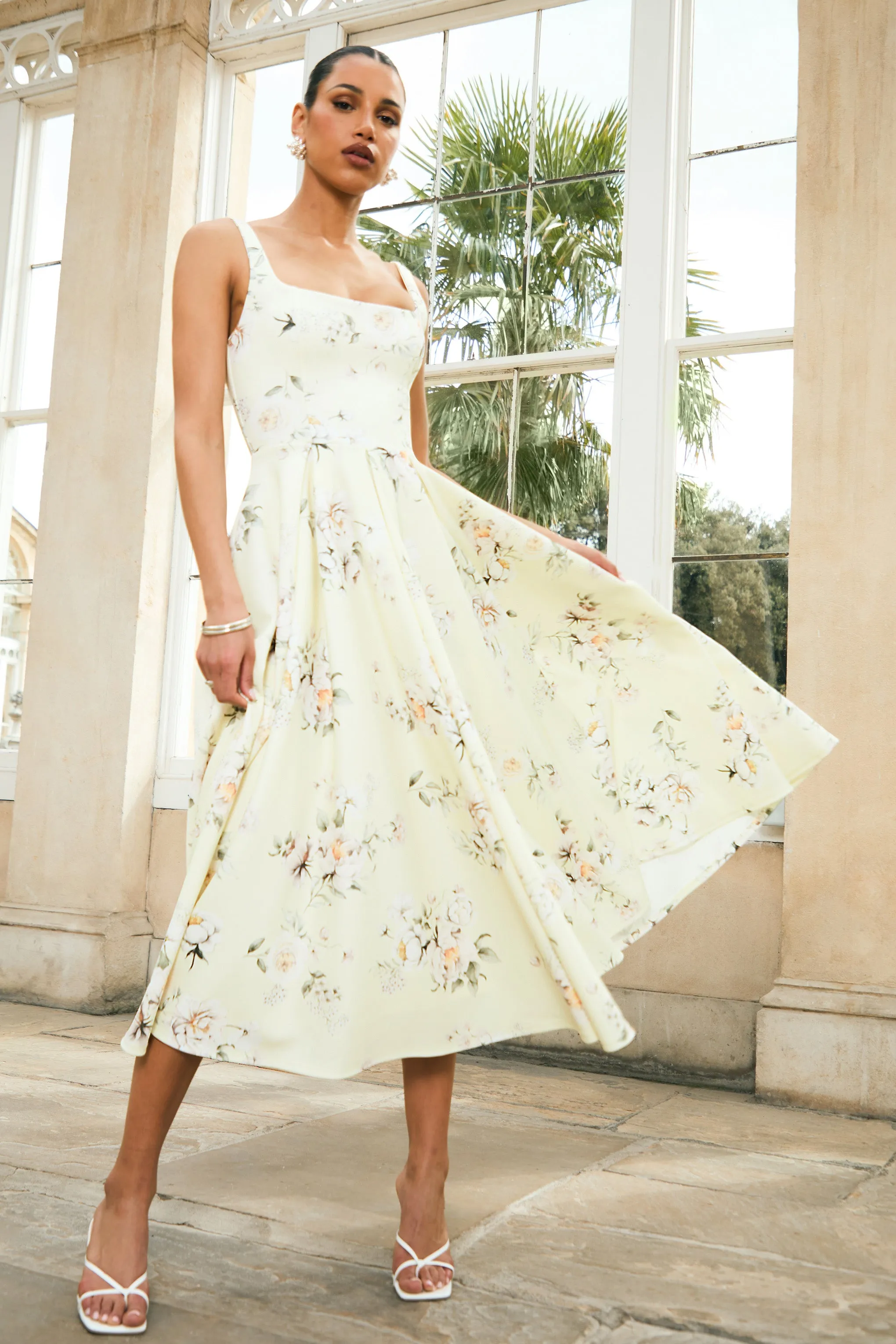 Lissa | Lemon Floral Bouquet Print Square-Neck Midi Dress sold by Club L London