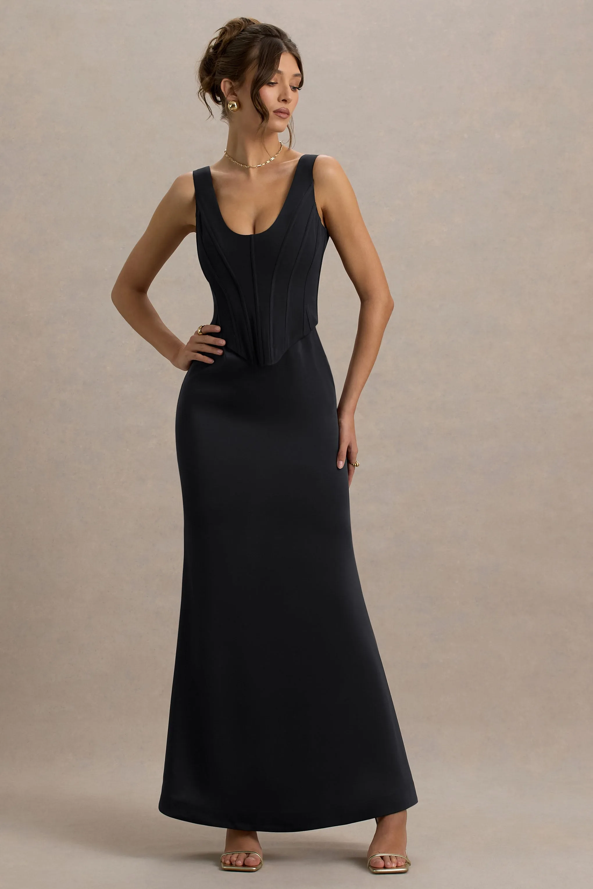 Morgan | Black Satin Corset Maxi Dress sold by Club L London