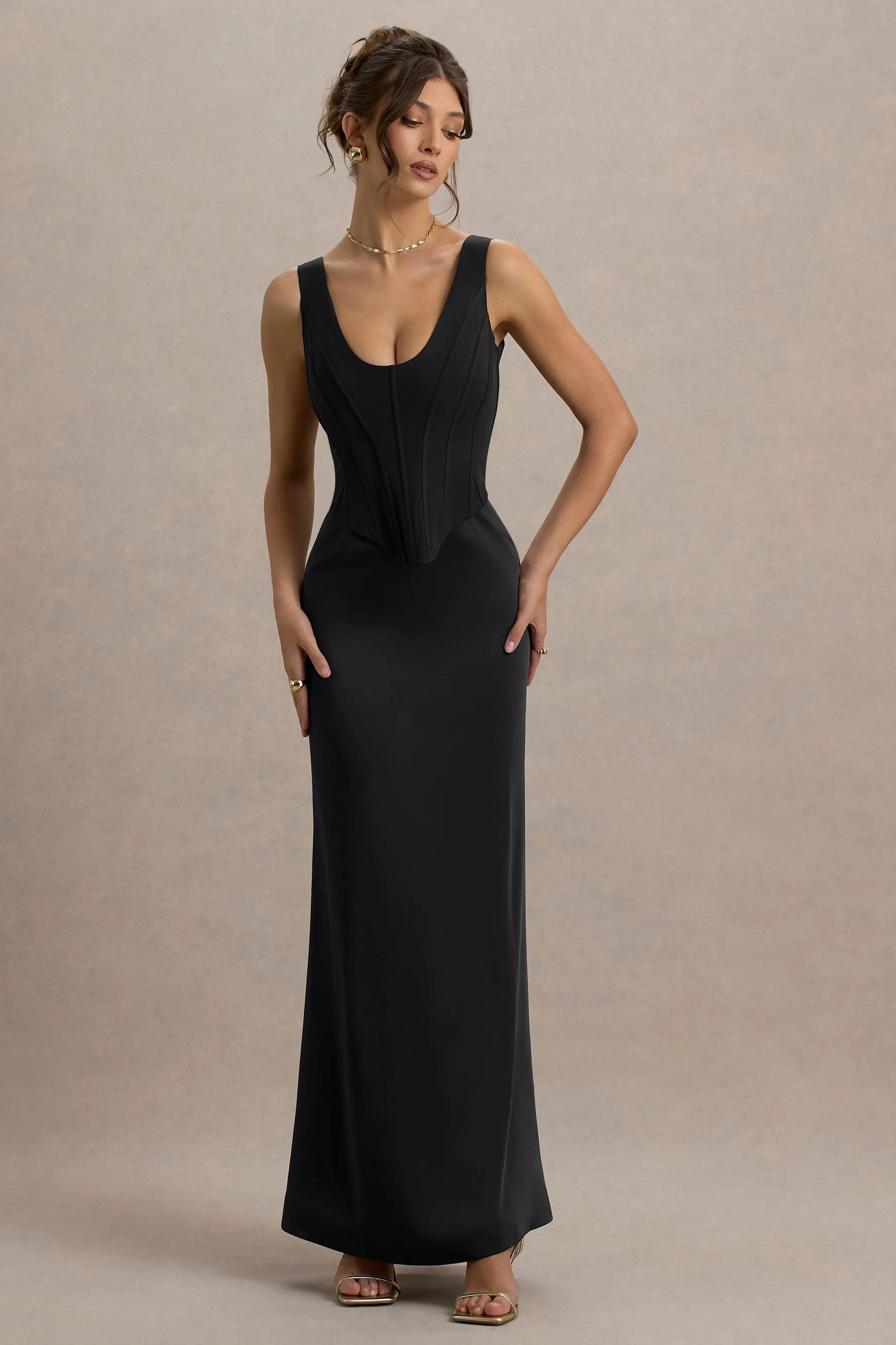 Morgan | Black Satin Corset Maxi Dress sold by Club L London product image thumbnail 4
