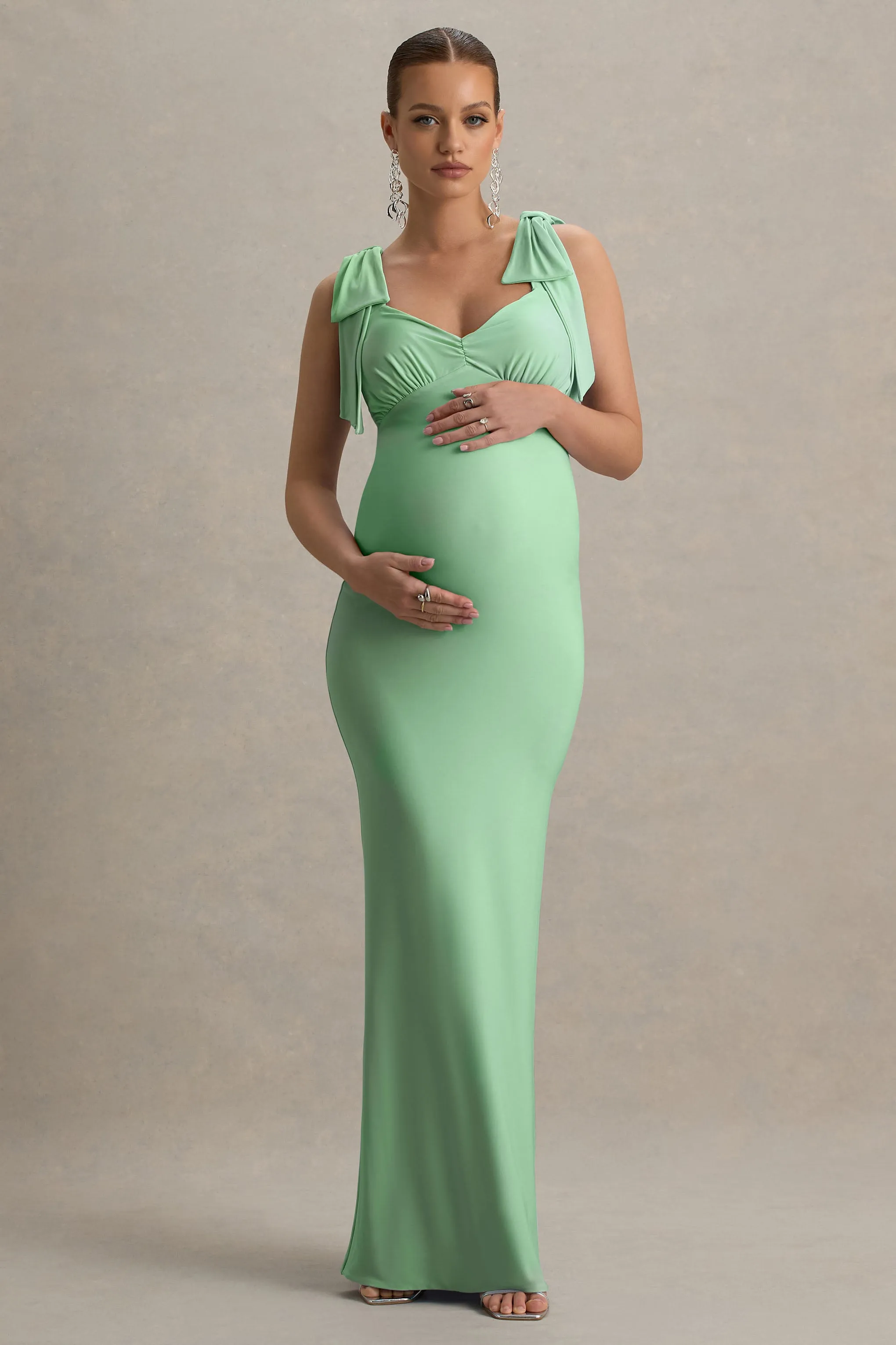 Sheen | Light Green Sweetheart Bow Strap Maternity Maxi Dress sold by Club L London