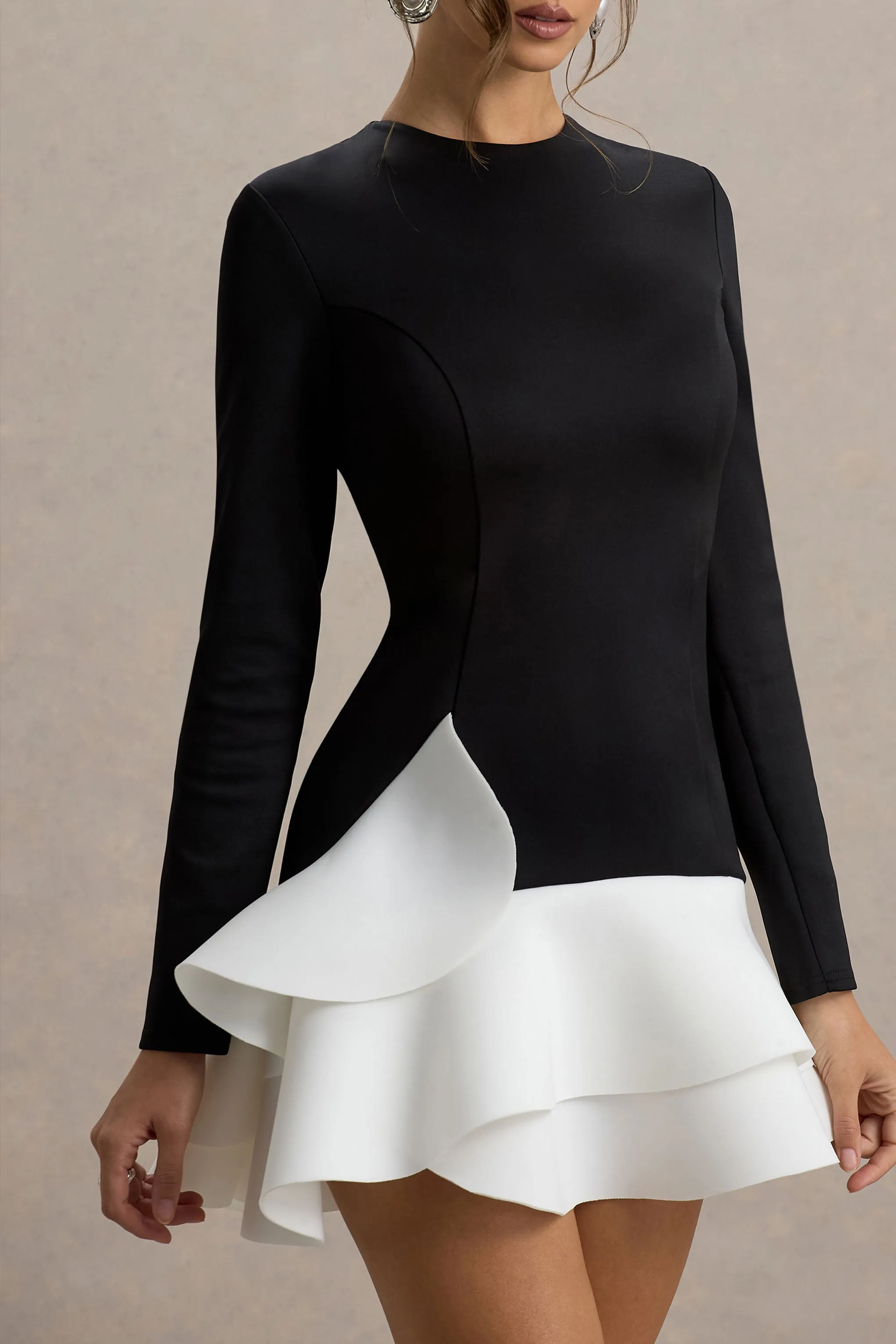 Lucinda | Black & White Long-Sleeve Mini Dress With Ruffle Hem sold by Club L London product image thumbnail 4