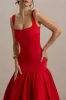 Parida | Red Poplin Drop-Waist Midi Dress With Peplum Hem sold by Club L London