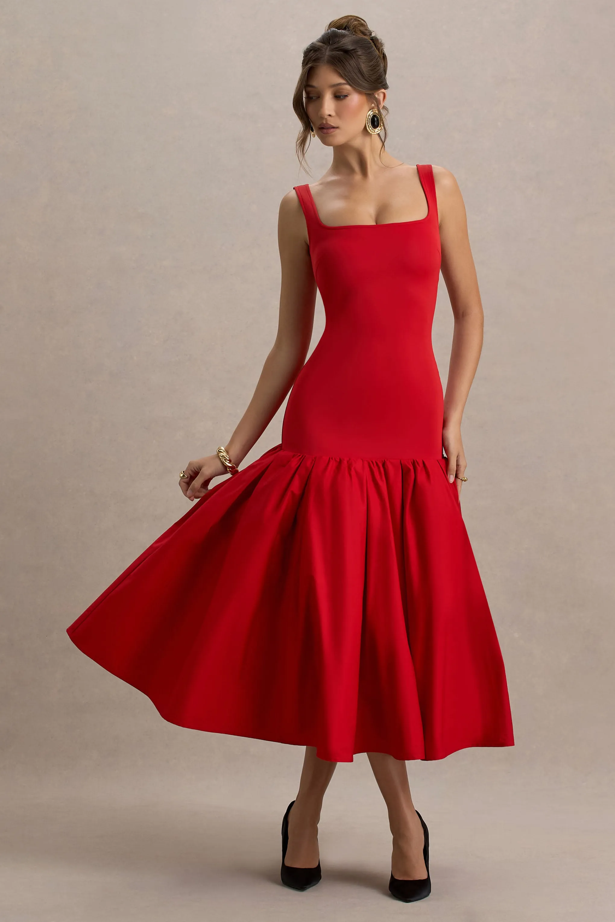 Parida | Red Poplin Drop-Waist Midi Dress With Peplum Hem sold by Club L London
