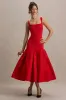 Parida | Red Poplin Drop-Waist Midi Dress With Peplum Hem sold by Club L London