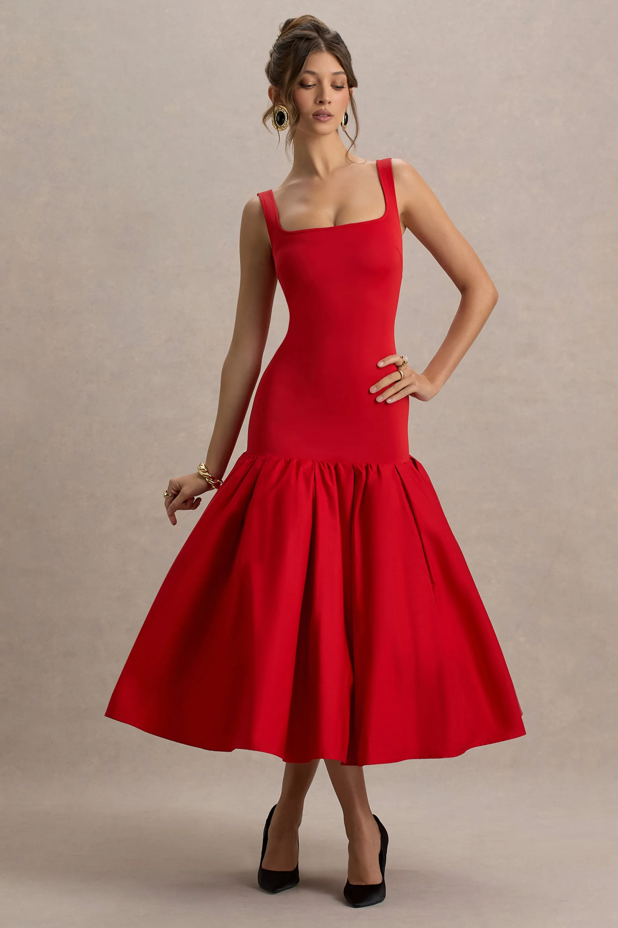 Parida | Red Poplin Drop-Waist Midi Dress With Peplum Hem sold by Club L London product image thumbnail 5