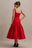 Parida | Red Poplin Drop-Waist Midi Dress With Peplum Hem sold by Club L London