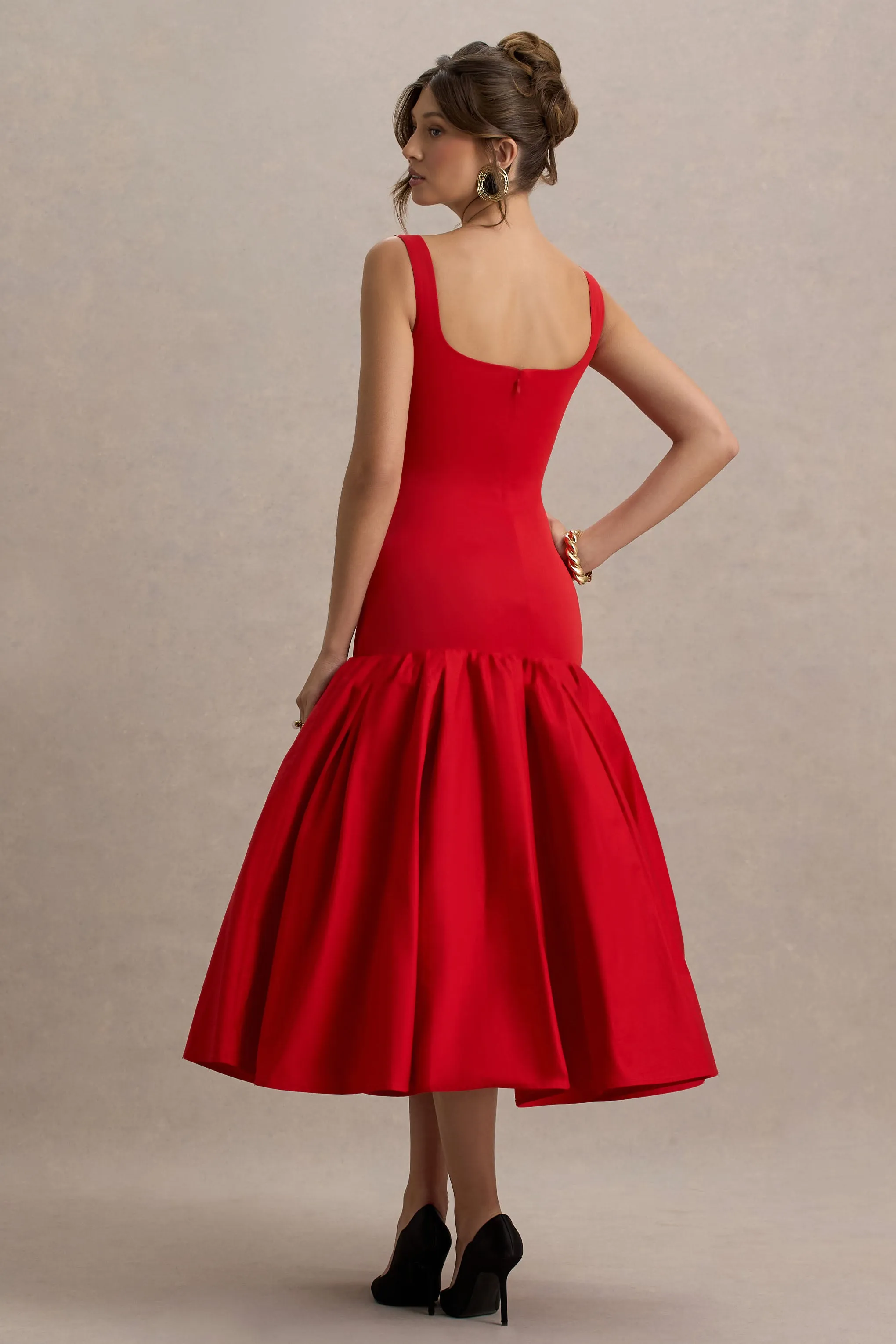 Parida | Red Poplin Drop-Waist Midi Dress With Peplum Hem sold by Club L London product image thumbnail 2