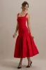 Parida | Red Poplin Drop-Waist Midi Dress With Peplum Hem sold by Club L London