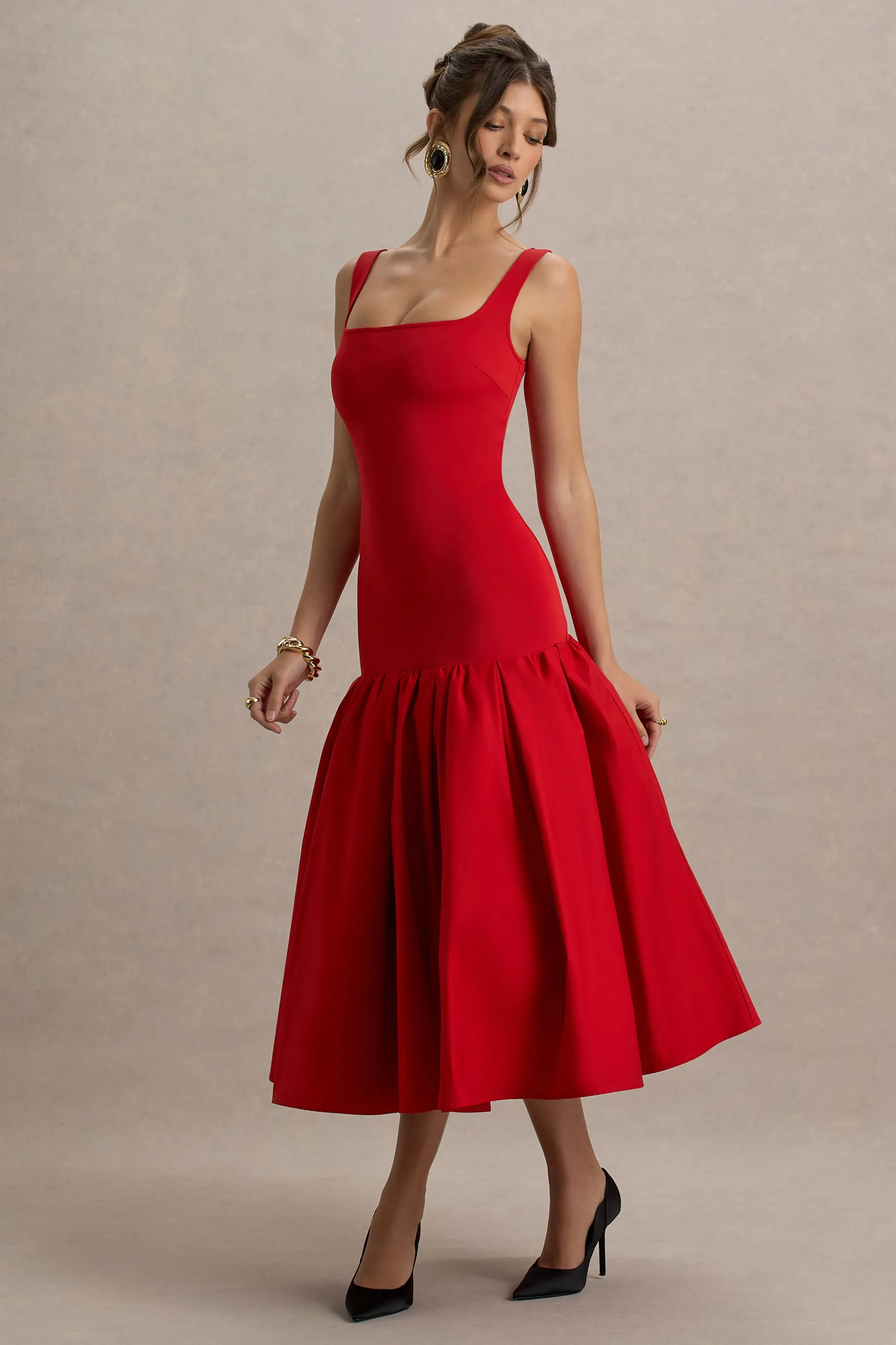 Parida | Red Poplin Drop-Waist Midi Dress With Peplum Hem sold by Club L London product image thumbnail 4