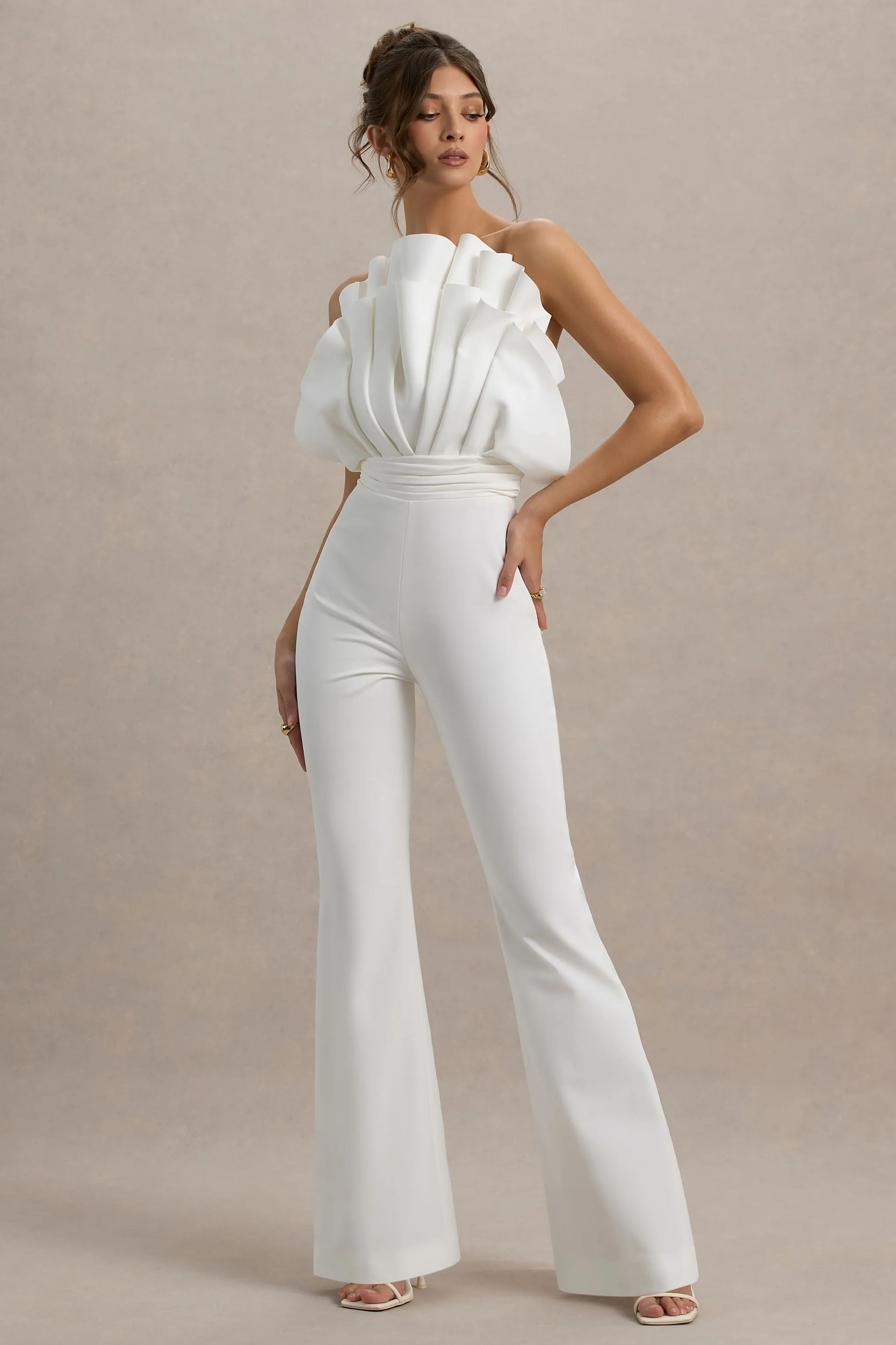 Riga | White Ruffled Asymmetric Jumpsuit sold by Club L London product image thumbnail 4