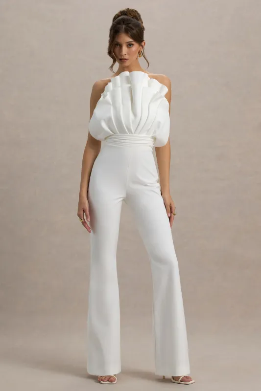 Riga | White Ruffled Asymmetric Jumpsuit sold by Club L London