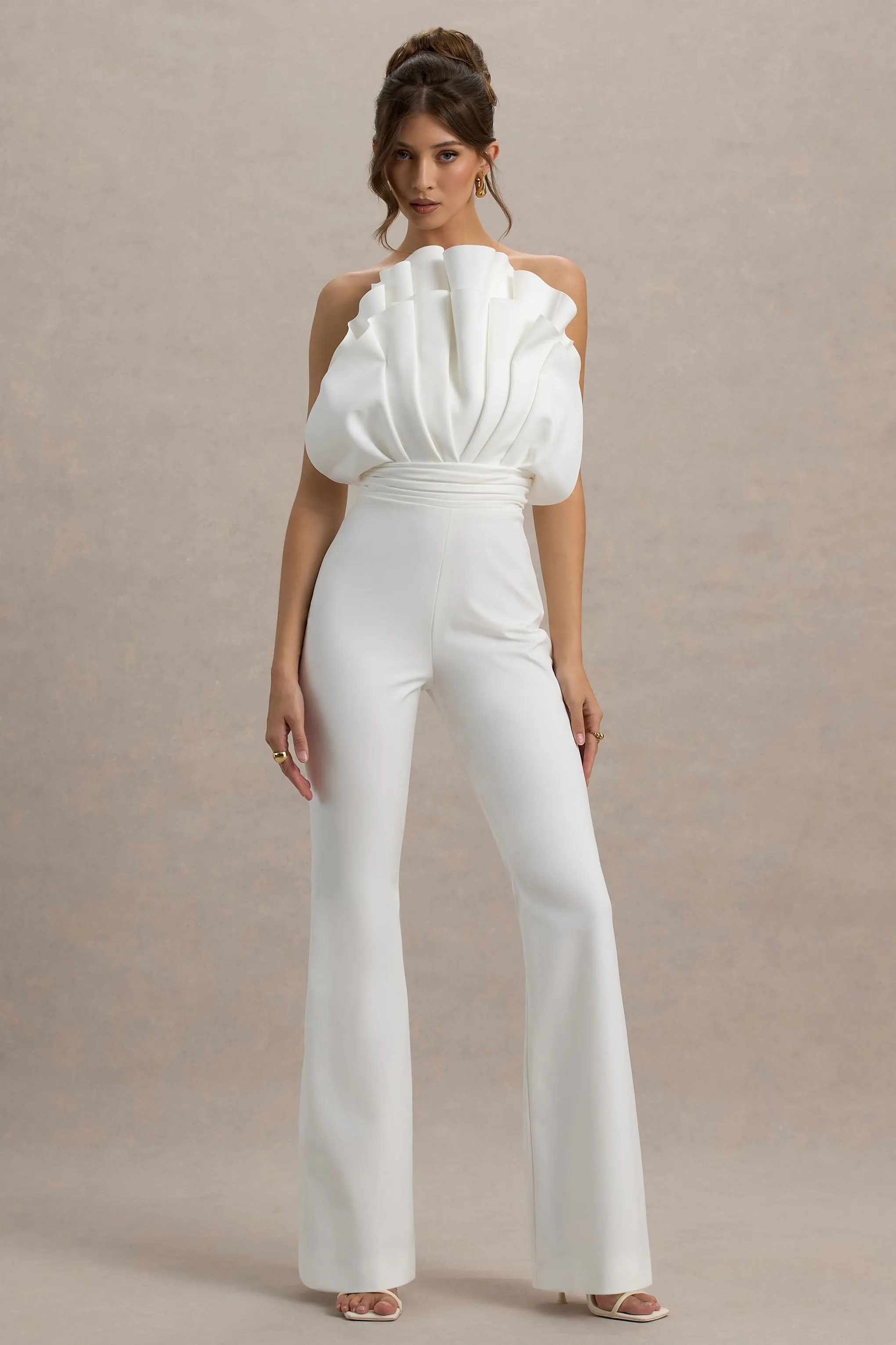 Riga | White Ruffled Asymmetric Jumpsuit sold by Club L London