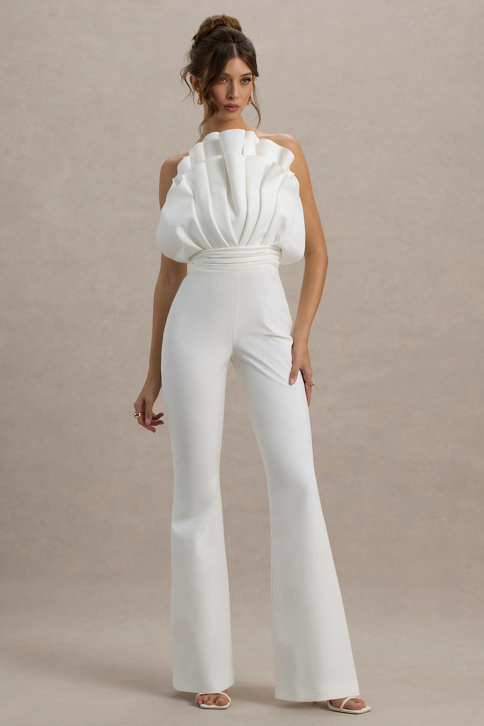 Riga | White Ruffled Asymmetric Jumpsuit sold by Club L London product image thumbnail 5