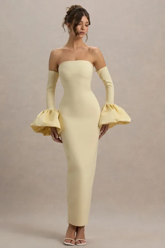 Myah | Lemon Bandeau Long-Sleeve Maxi Dress With Puff Cuffs made by Club L London