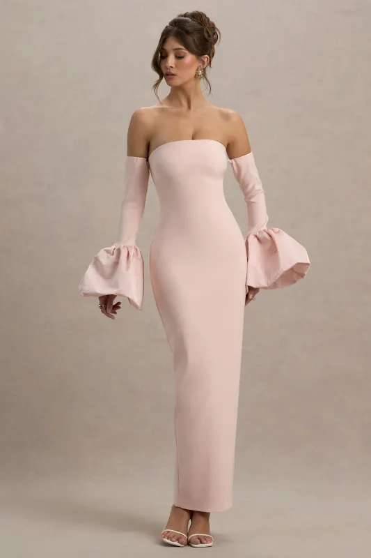 Myah | Pink Bandeau Long-Sleeve Maxi Dress With Puff Cuffs sold by Club L London