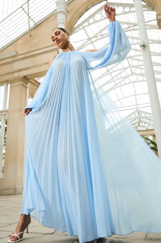 Reyna | Powder Blue Pleated Chiffon Cold-Shoulder Maxi Dress made by Club L London