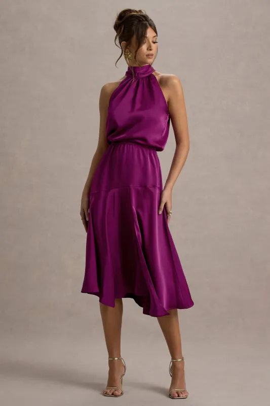 Palonia | Dark Pink Satin High-Neck Split Midi Dress sold by Club L London