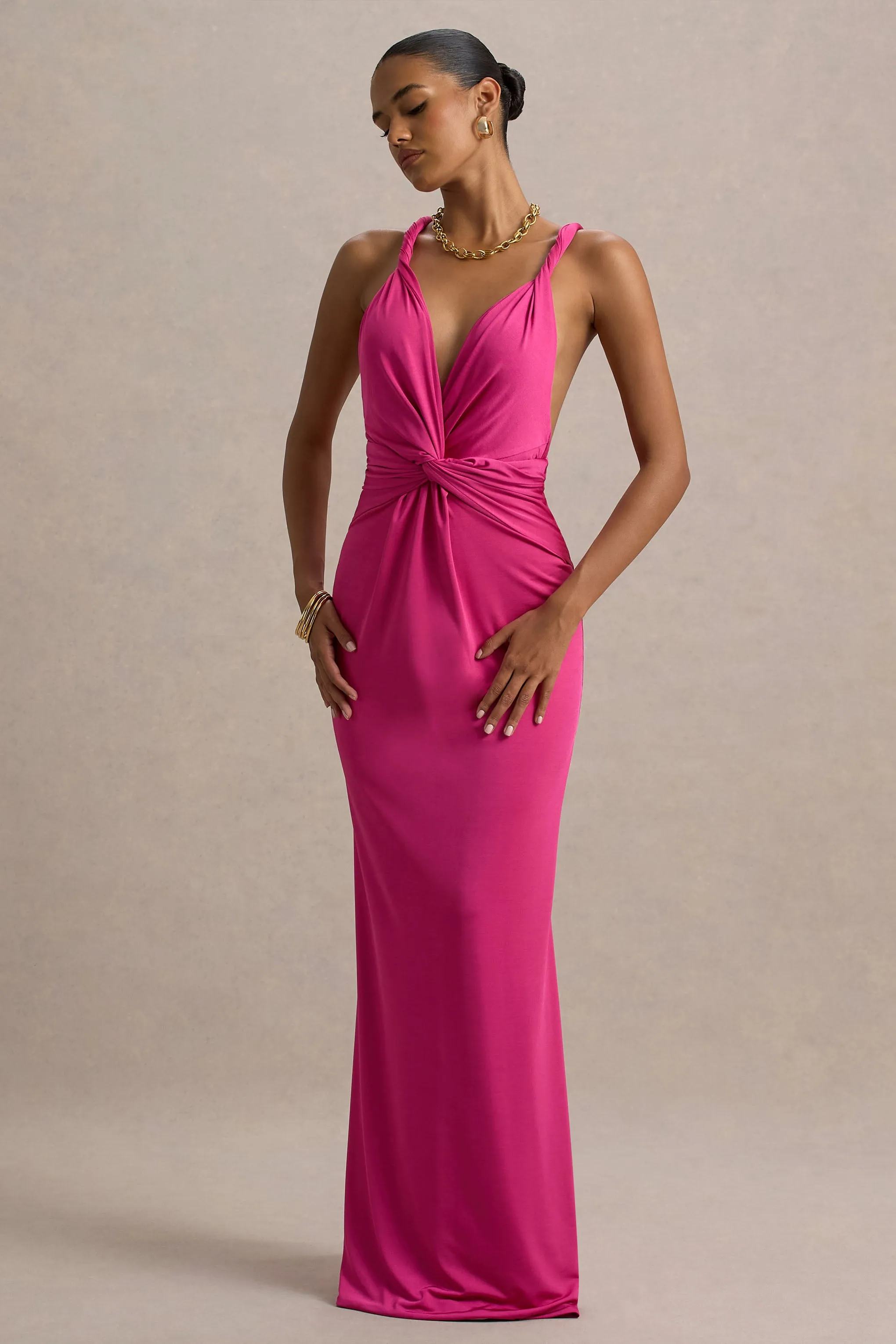 Santez | Hot Pink Twisted Plunge-Neck Maxi Dress sold by Club L London